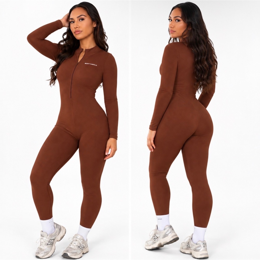 NWT Bodywerkz Brown Ribbed Zip Long Sleeve Bodycon Athletic Jumpsuit One Piece S